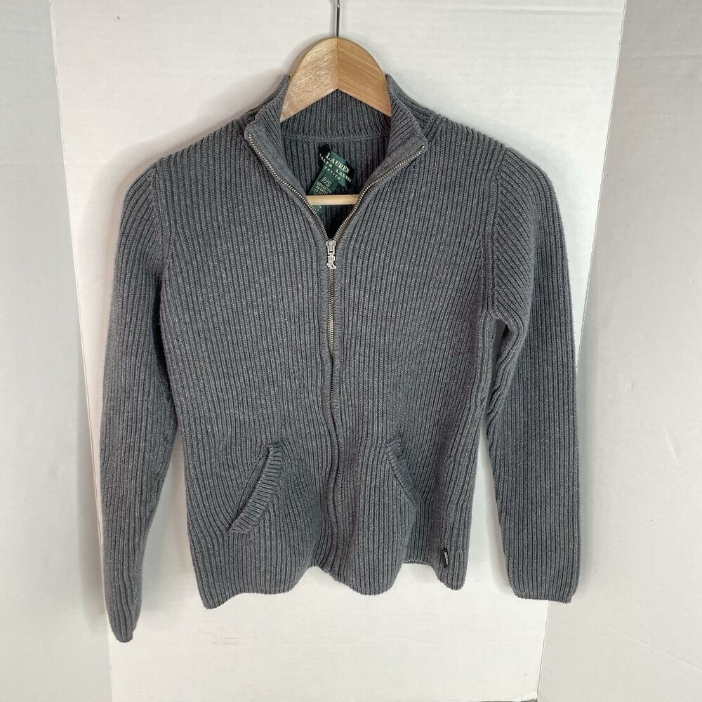 Lauren Ralph Lauren Gray Ribbed Full-Zip Sweater
